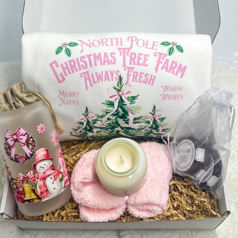 Pink Christmas Gift Box Holiday Present Christmas Care Package Holiday Sweater Christmas Decor Holiday Sweatshirt Christmas Cup Hot Cocoa Santa Claus Sweatshirt Christmas Gift Best Friend Gift Box Sister Present Girlfriend Gift Box