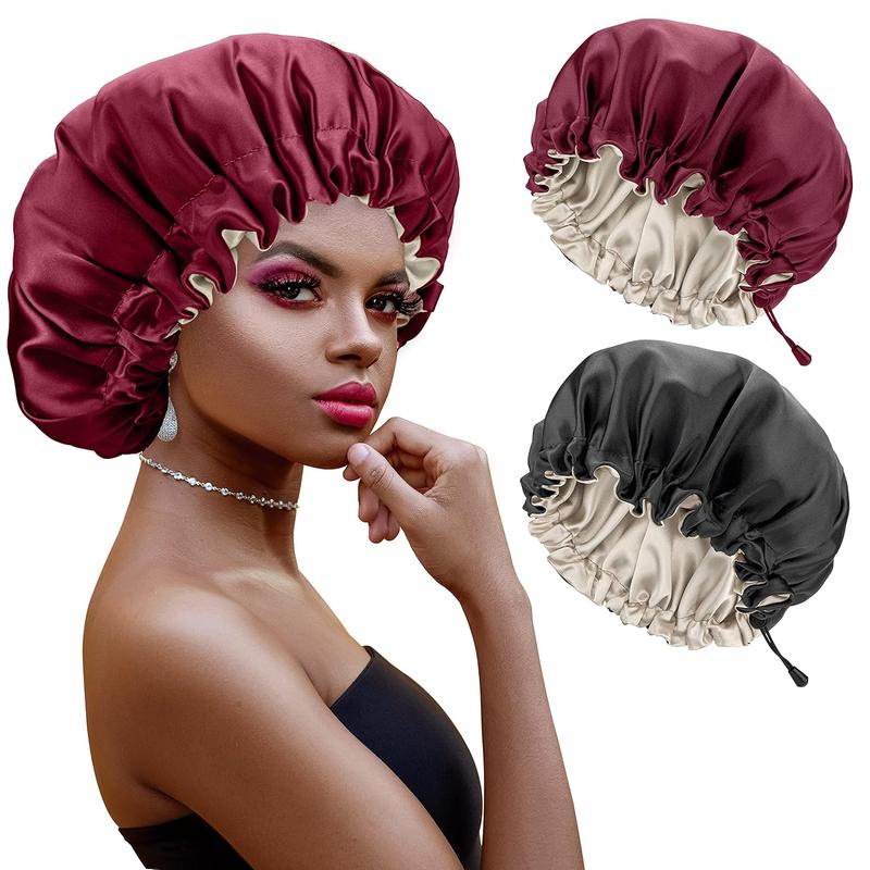 Satin Bonnet, 2 count Silk Bonnet, Hair Bonnet for Black Women for Curly Hair Sleeping, Silk Sleeping Cap, Satin Sleep Cap, Satin Night Cap, Hair Cap for Sleeping, Sleep Bonnet, Black & Burgundy