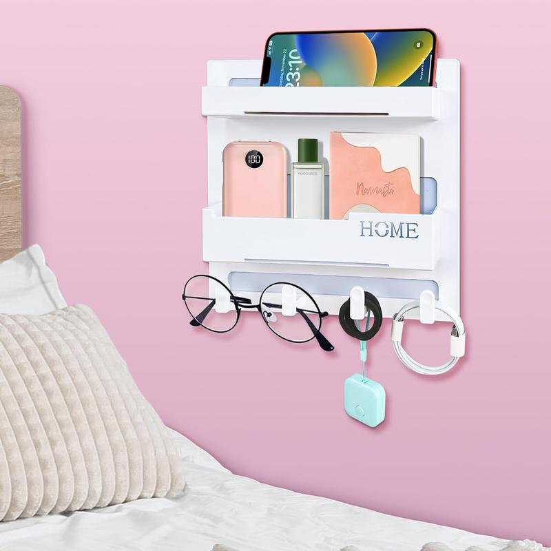 Floating Shelves for Bedside Shelf Accessories Organizer, Wall Mount Self Stick On, Cute Room Decor Aesthetic, Girls Room Decor, Cool Stuff for Bedroom Storage and Organization (4 Hooks)