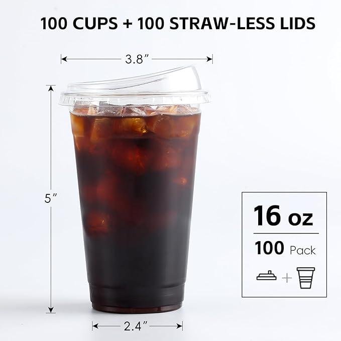 16oz-20oz-24oz - 100 Sets Crystal Clear Plastic Cups With Strawless Sip-Lids, BPA Free Disposable Plastic Cups with Lids, To Go Cups for Iced Coffee