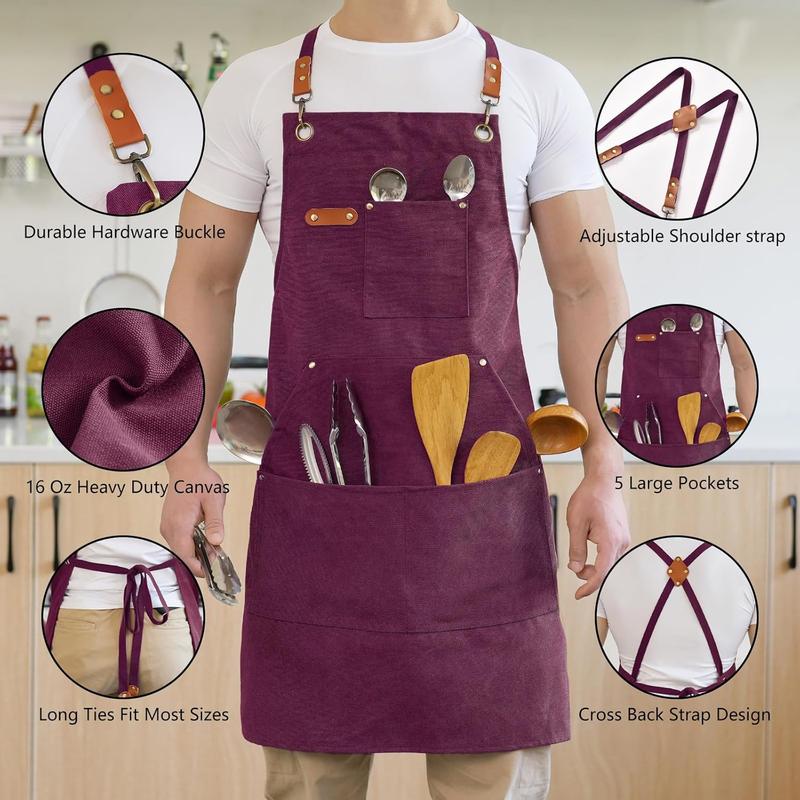 Canvas Aprons for Men Chef Apron, Work Apron with Large Pockets - 16oz Heavy Duty Cross Back, BBQ, Cooking