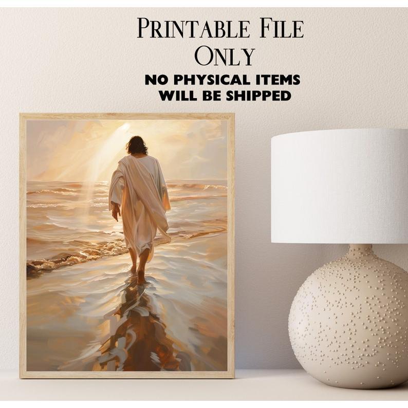 Jesus Christ Walking on Water, Christian Art, Digital Jesus Portrait, I Will Walk With Christ LDS, Jesus Oil Painting, Bible Verse Wall Art URJD3