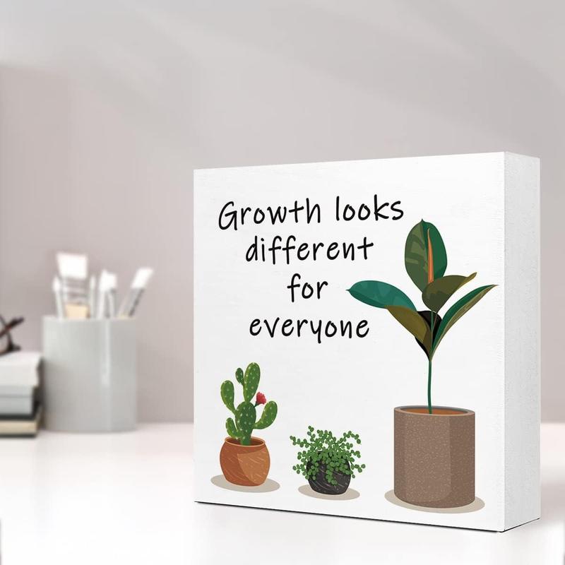 Plant Pattern Wooden Block Sign, 1 Count Plant & Motivational Wooden Sign, Desktop Ornament for Home Office, Inspirational Gift for Coworker Friend