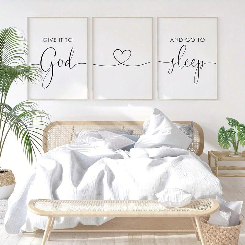 Bible Verse Themed Canvas Painting without Frame, 3 Counts set Give It To God and Go To Sleep Letter & Heart Pattern Wall Art, Wall Decor for Home Bedroom