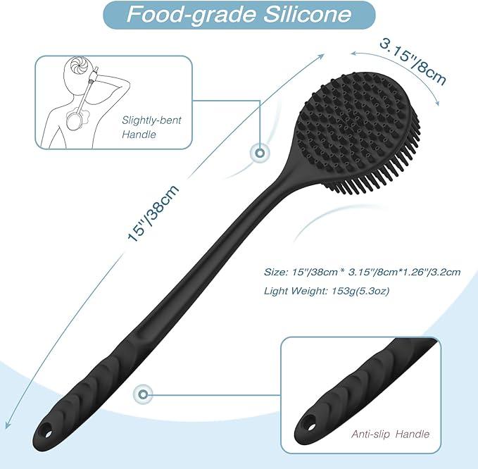 Silicone Back Scrubber(Thick Bristles) & Soft Bath Glove Set, Super-Exfoliating Body Scrubber & Super-Lathering Shower Brush Combination, with a Free Hook.(Black)