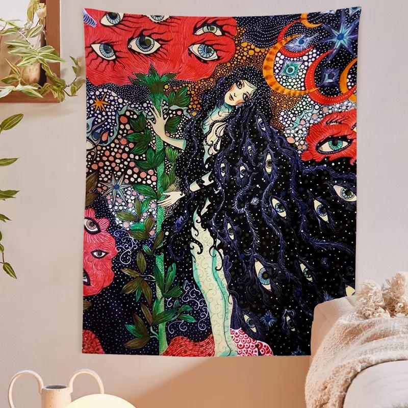 Psychedelic Girl Tapestry Wall Hanging Botanical Celestial Floral Tapestry Hippie Eye Wall Carpets Dorm Decor Starry SkyCarpet Flowers