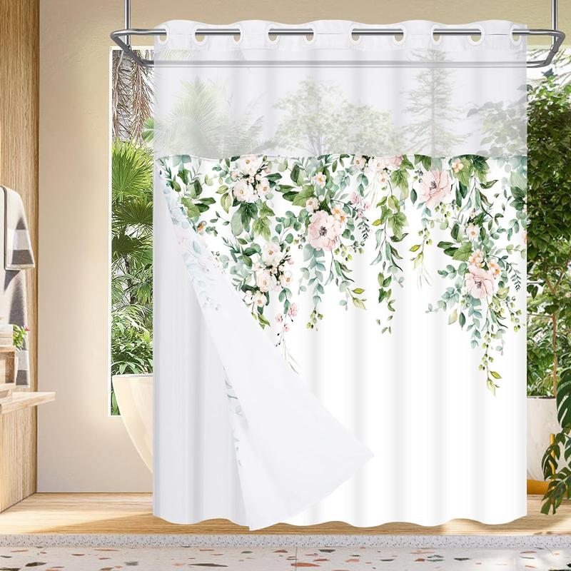 Effortless Elegance: White Hotel No-Hook Shower Curtain Set with Green Leaf Design & Double Layer Luxury