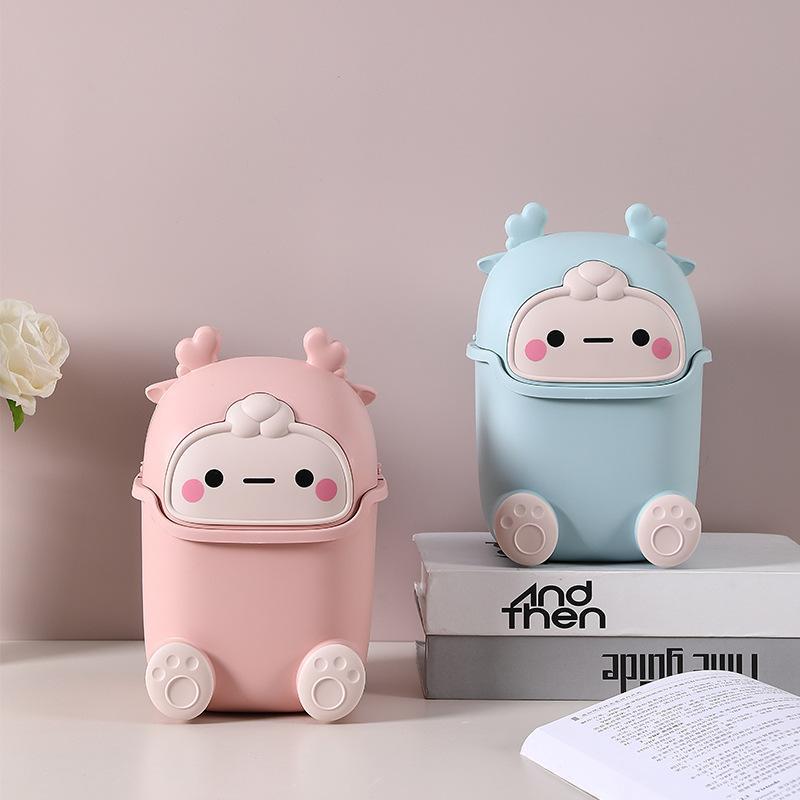 Cute Cartoon Design Desktop Trash Can, 1 Count Mini Trash Can with Lid, Waste Basket for Home, Office, Kitchen, Bedroom, Bathroom