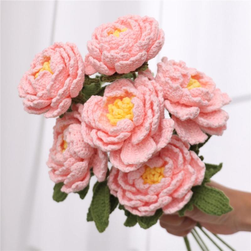 Artificial Peony Bouquet, 6 Counts Handmade Crochet Knitting Faux Flower Bouquet, Decorative Flowers for Home Party Wedding, Vase Not Included