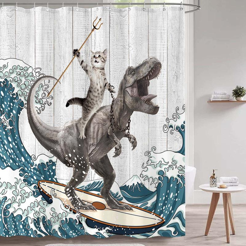 Funny Dinosaur Shower Curtain Brave Cat Shower Curtain Waves Ocean Decor Fabric Shower Curtain Set with 12 Hooks