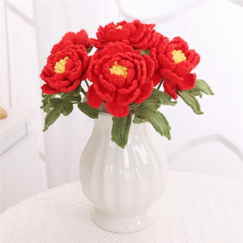 Artificial Peony Bouquet, 6 Counts Handmade Crochet Knitting Faux Flower Bouquet, Decorative Flowers for Home Party Wedding, Vase Not Included