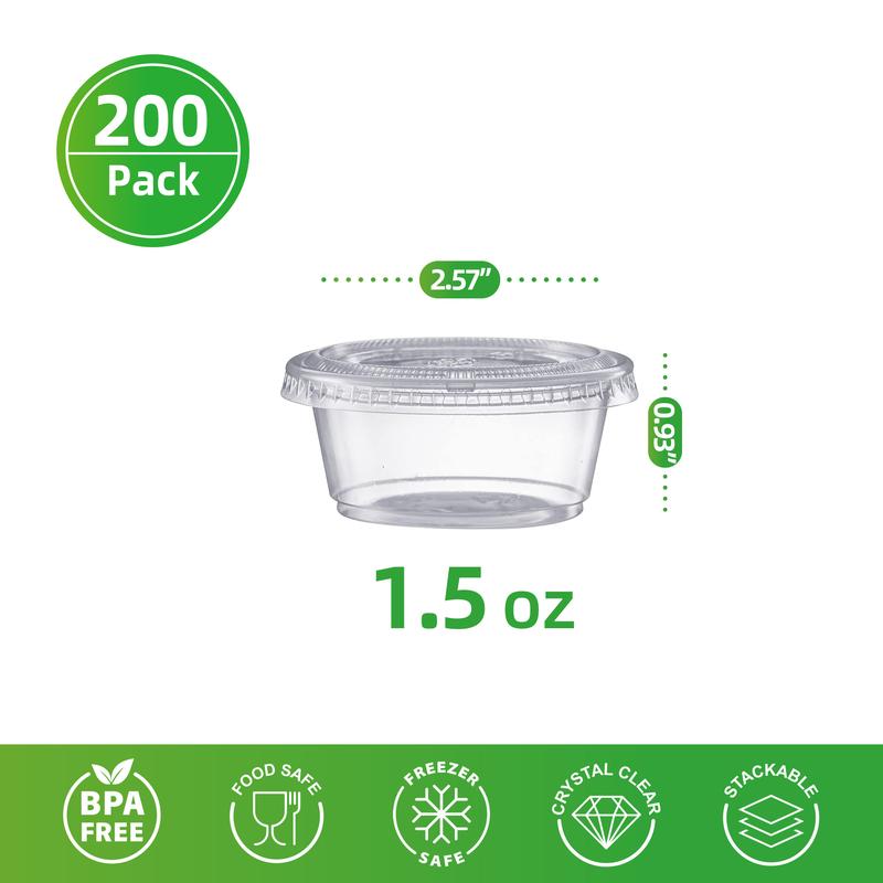 200-Pack Clear Disposable Plastic Portion Cups with Lids - Jelly Cups, Dipping Sauce and Condiment Cups,Salad Dressing Containers for Jam, Sauces.