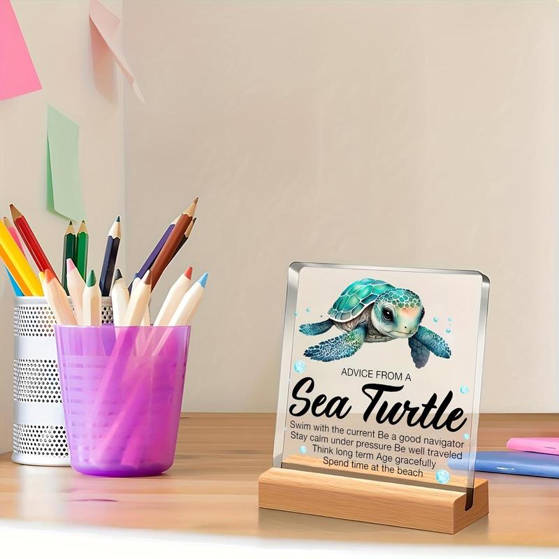 Sea Turtle Pattern Decorative Sign with Wooden Stand, Creative Acrylic Desk Decoration, Desk Ornament for Home Office School Dormitory, Motivational Gift for Women