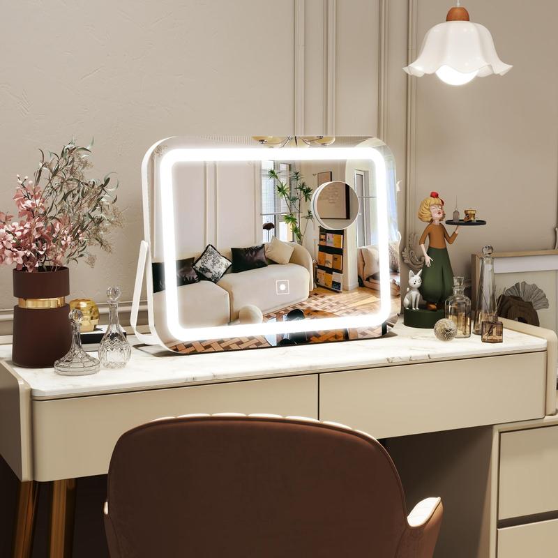 LED Makeup Mirror, 3 Modes Light Smart Touch Control Dimmable Mirror, USB Powered 360° Rotation Mirror with 10X Magnifying Glass for Bedroom, Living Room