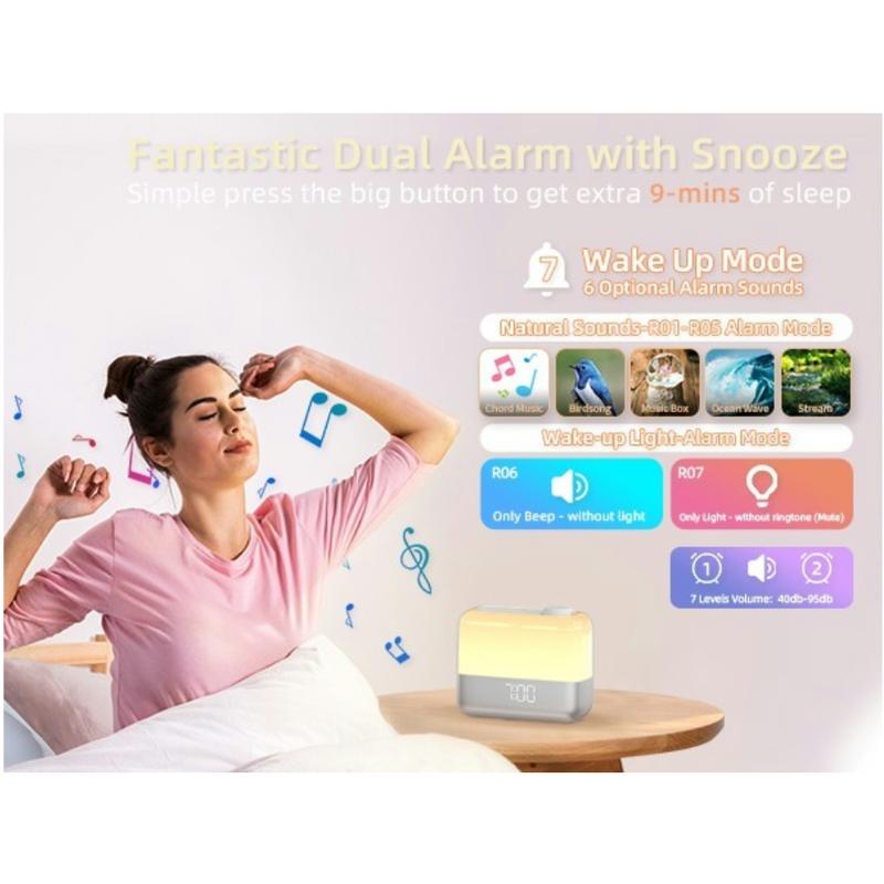 Sunrise alarm clock with 8-color nightlight, dual alarms, 9-min snooze, 6 sounds, 7 volume levels，perfect for any room décor Rechargeable