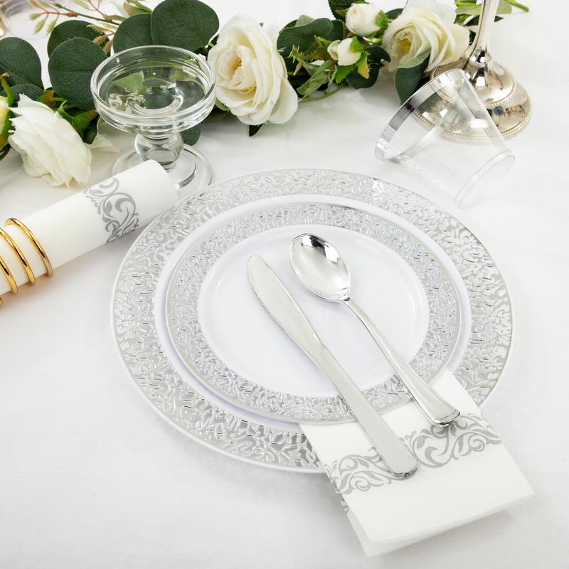 Wellife 350 700pcs Silver Gold Rose Gold Party Plates for 50 Guests, Silver Wedding Plates Disposable Heavy Duty, Including :50 Dinner Plates, 50 Dessert Plates, 50 Cups, 50 Napkins, 50 Sliver Silverware Set