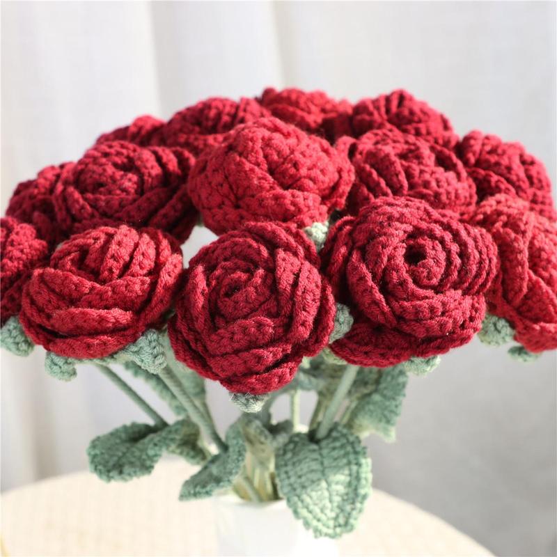 Handmade Knitted Rose, Summer Home Decor Diy Artificial Rose Faux Flowers, Decorative Flower without Vase, Diy Decorative Flowers Bouquet Ornaments for Flower Vase, Room  Flower Arrangement Decor, Bedroom Decor, Fall Decor, Men Gifts Fruit Plants