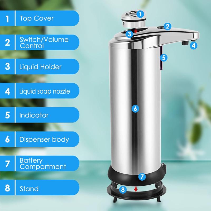 Automatic Soap Dispenser, 9.5oz Touchless Dish Soap Dispenser with Waterproof Base, 3 Adjustable Soap Volume Hand Soap Dispenser, Sensor Soap Pump Liquid Dispenser for Kitchen Bathroom Office Lavatory