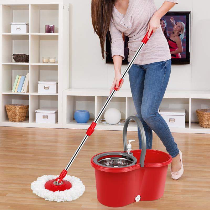 Spin Mop and Bucket Set with Wringer and 3 Microfiber Refills - 61'' Adjustable Stainless Steel Handle - Household Cleaning  Plastic Tools