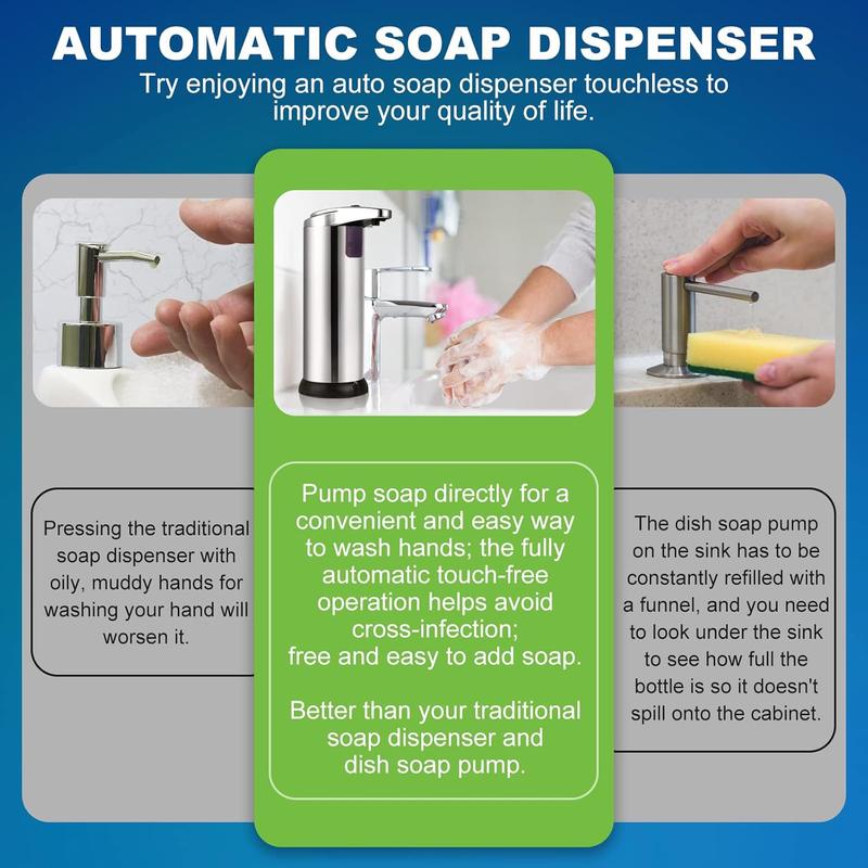 Automatic Soap Dispenser, 9.5oz Touchless Dish Soap Dispenser with Waterproof Base, 3 Adjustable Soap Volume Hand Soap Dispenser, Sensor Soap Pump Liquid Dispenser for Kitchen Bathroom Office Lavatory