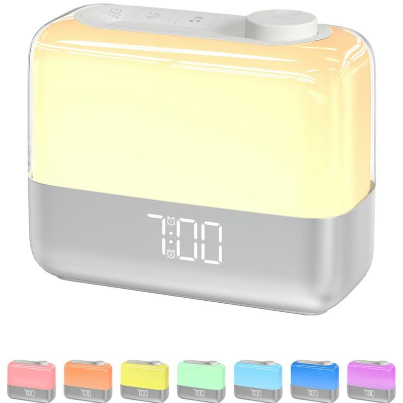 Sunrise alarm clock with 8-color nightlight, dual alarms, 9-min snooze, 6 sounds, 7 volume levels，perfect for any room décor Rechargeable