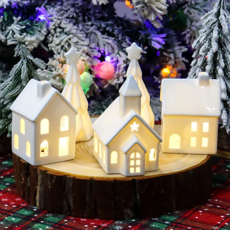 5 pcs Ceramic Christmas Village Set - Includes 3 Illuminated Houses & 2 Trees with Battery Powered LED Lights - Festive Holiday Decor for Christmas, Thanksgiving & Hanukkah - Gift-Ready Centerpiece Decoration