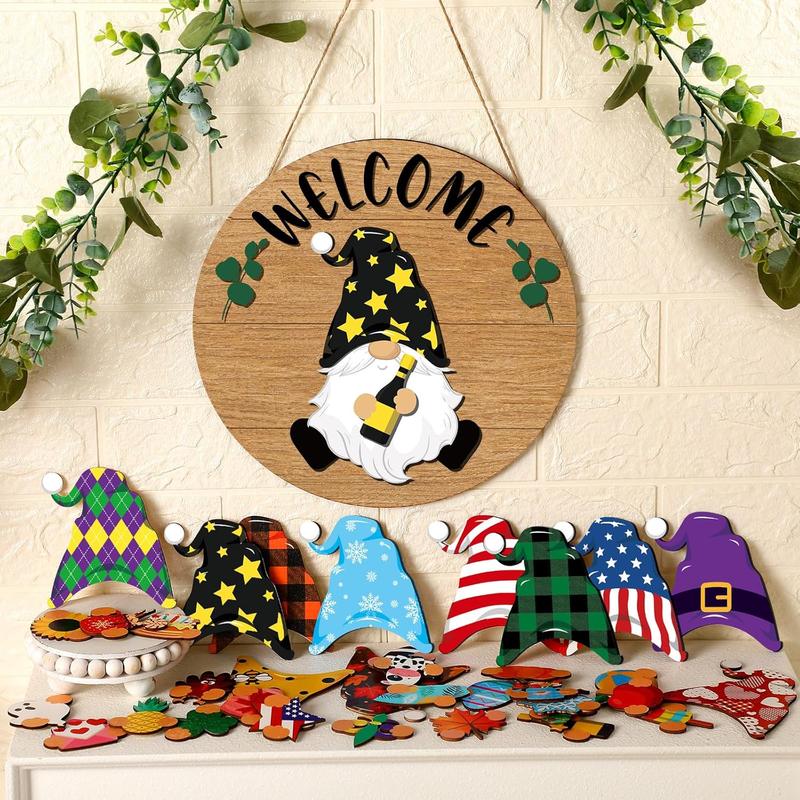 29 Pcs Fall Interchangeable Gnomes Decorations for Home Welcome Front Door Sign Seasonal Wooden Home Decor with Magnet Wall Decoration Detachable Hat for Halloween Christmas