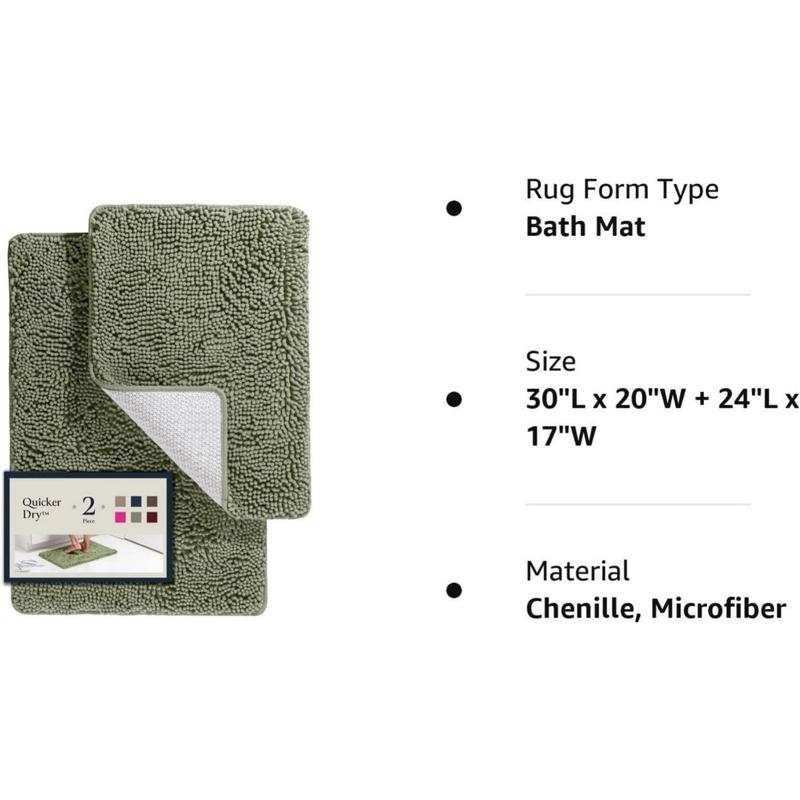 Bathroom Rugs Sets 2 count- Plush Bath Mat Set Quick-Dry Soft Chenille Bathroom Mat with Rubber Backing, Absorbent Bathroom Rug Set, Washable Bath Rugs for Bathroom- Bath Mats 24x17 + 30x20