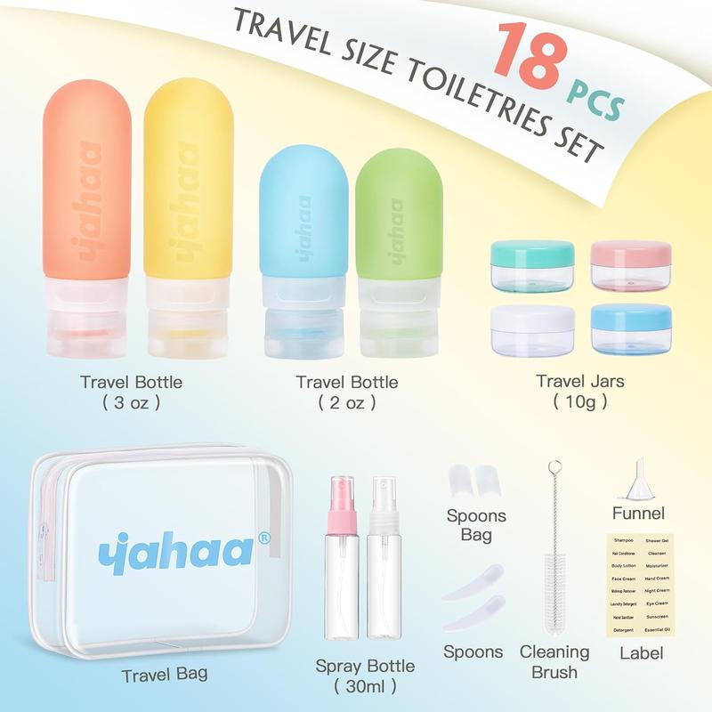 18 Pack Refillable Toiletery Containers with Clear Storage Bag, Multi-color  Travel-sized Cosmetic Bottles Kits for Skincare, Shampoo, Lotion, Conditioner, Portable Travel Bottle Set TSA Approved travel toiletry