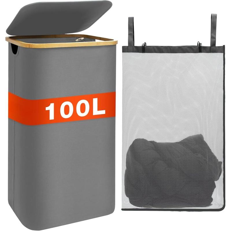 Laundry Hamper with Lid, 100L Laundry Basket for Clothes hamper, Laundry Basket with  Handle and Removable Bags, Large Foldable Dirty Clothes Hamper, Grey