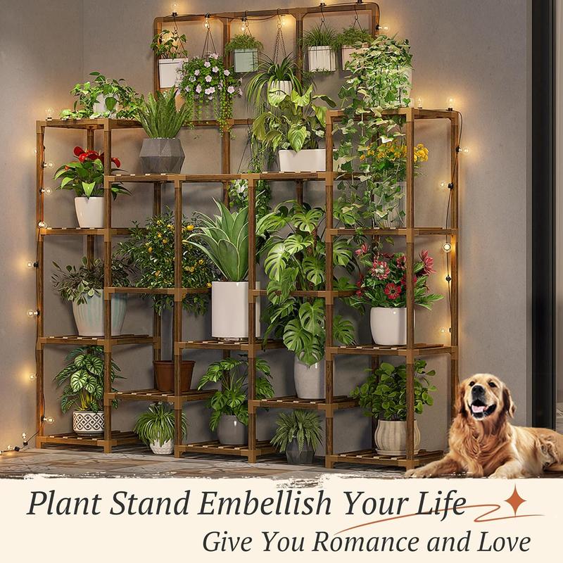 63''H Upgrade Plant Stand Indoor Tall Plant Stands Outdoor with 7 Tiers and 14 Potted Wood Plant Shelves Stand Load-Bearing 600 LBS, Multiple Plant Stand for Garden Balcony 11.8''x56''x63''