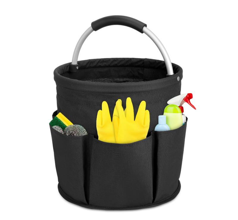 17L Multipurpose Cleaning Caddy with Sturdy Handle, Folding Design, and Multiple Pockets for Organized Storage - Black