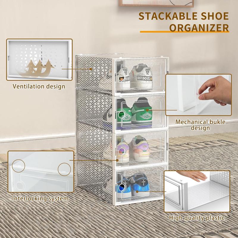 12 Pack Shoe Storage Bins, Clear Plastic Stackable Shoe Organizer for Closet, Space Saving Foldable Shoe Rack,  Sneaker Holder Container, Transparent