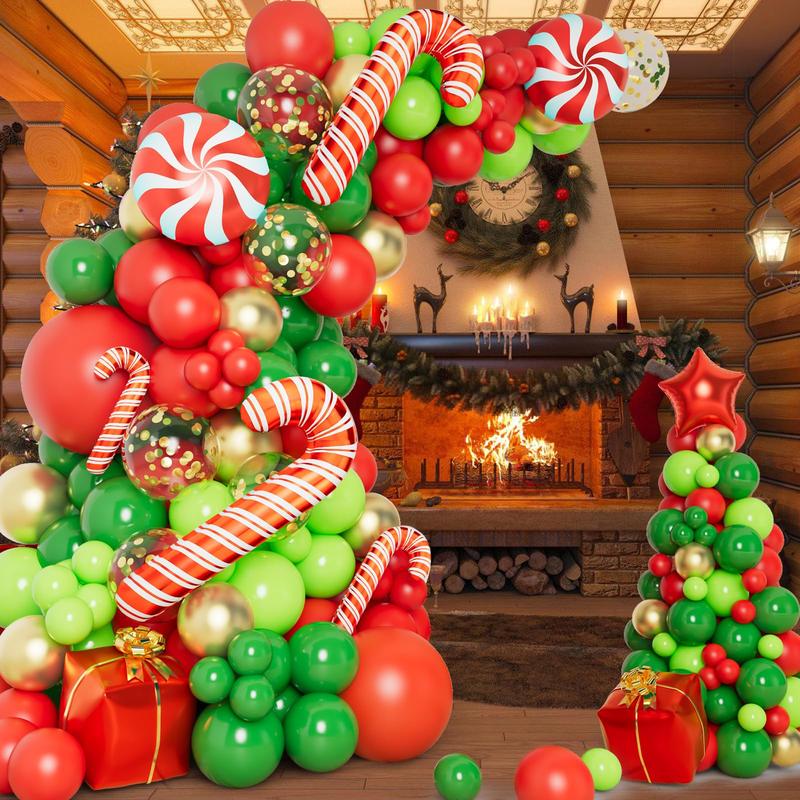 138 Pcs Christmas Balloon Garland Arch Kit, Red, Gold, Green Balloons, Candy Cane, Gift Box Foil for Xmas Party & Birthday Decorations