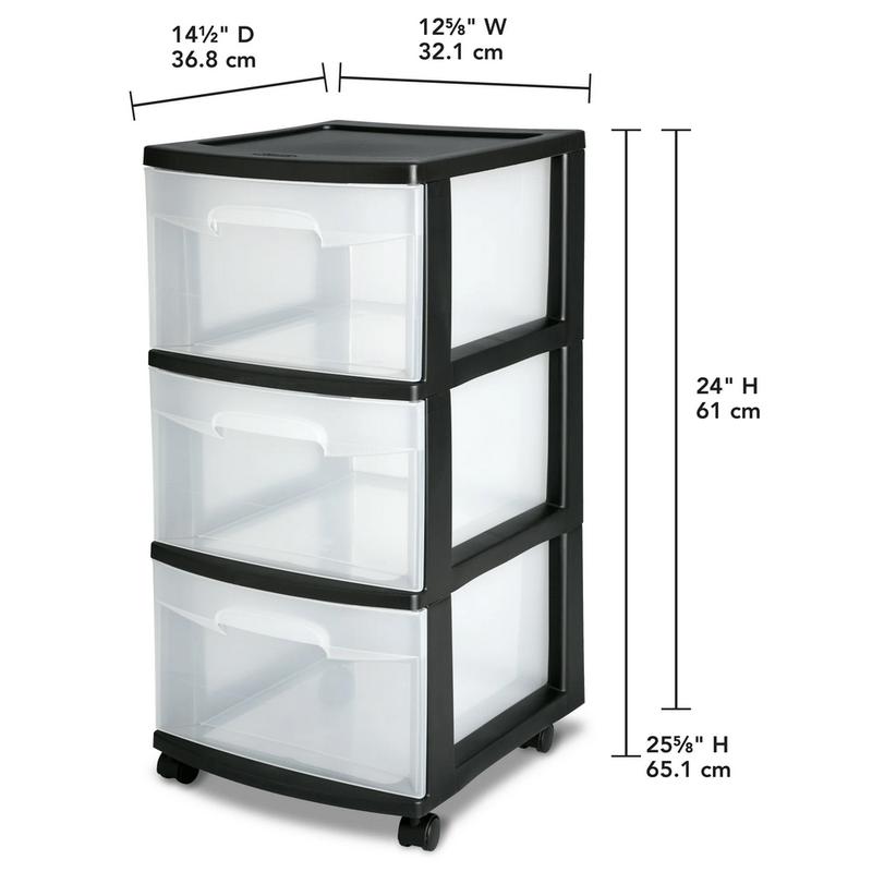 3 Drawer Plastic Cart, Black with Clear Drawers, Adult Household Kitchen