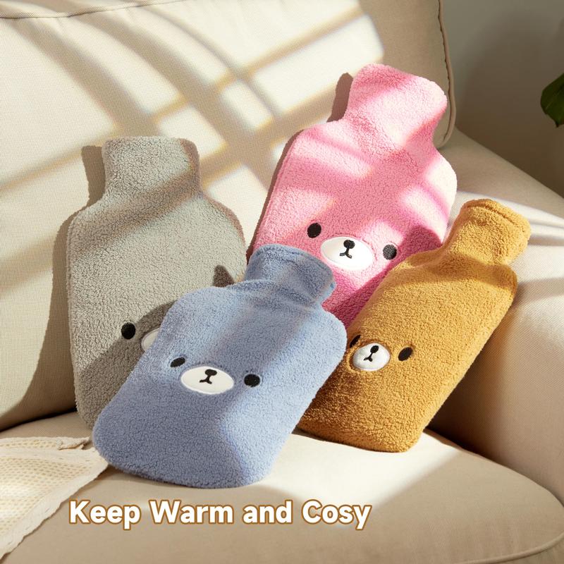 Hot Water Bottle with Cute Fleece Cover, 2Liter Water Bag for Hot and Cold Compress, Hand Feet Warmer, Neck and Shoulder Pain Relief, Grey Bear