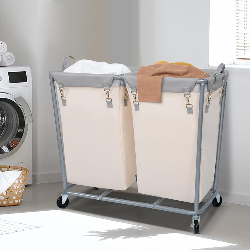 A Commercial Laundry Hamper with Heavy Duty Steel Frame, 240 L Industrial Laundry Basket Cart with Wheels for Hotel, Home, Laundry Room, 37.5''L x 17.1''W x 31.8''H, 2 Section Beige