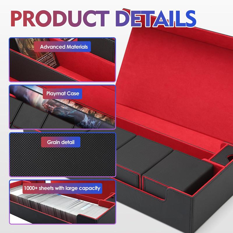 Premium Trading Card Storage Box TCG Deck Case Holds 800+ Sleeved Cards for , YuGiOh, Uno, TCG, Pokemon Cards, Sport Cards with Mat Case and Strong Magnet Closure (Black & Red) Leather Organiser