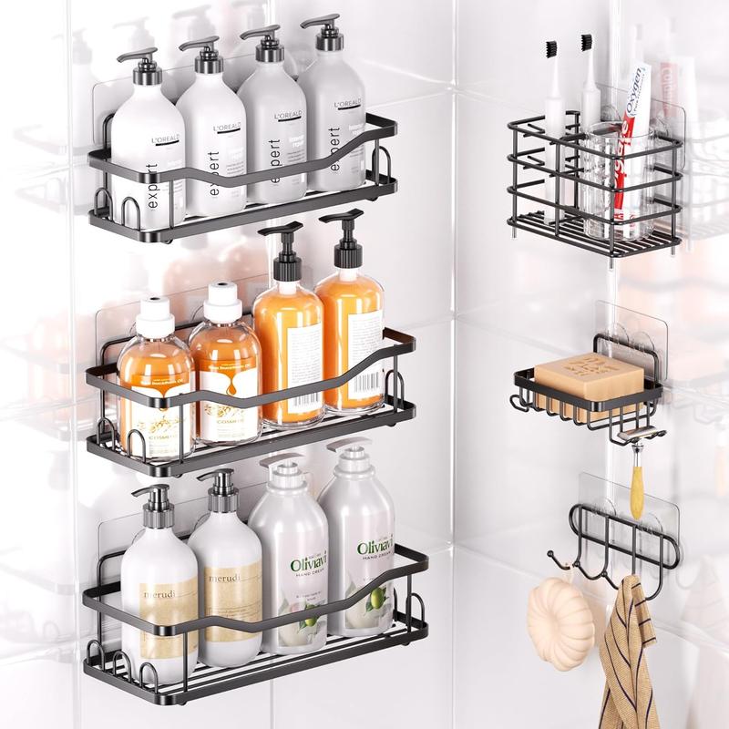 6 Pack Shower Caddy Shelf Bathroom Shower Organizer Rack No Drilling Multifunctional Organizer,Self Adhesive Black Bathroom Shelves Basket For Holding Shampoo Soap Bathroom Toilet