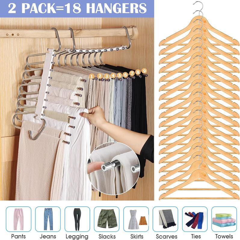 Upgrade 9 Layers Pants Hangers Space Saving, 2 Pack Multifunctional Pants Rack Non Slip Stainless Steel Clothes Space Saver Hangers Closet Organizers Storage for Pants Jeans Leggings, Antiquewhite