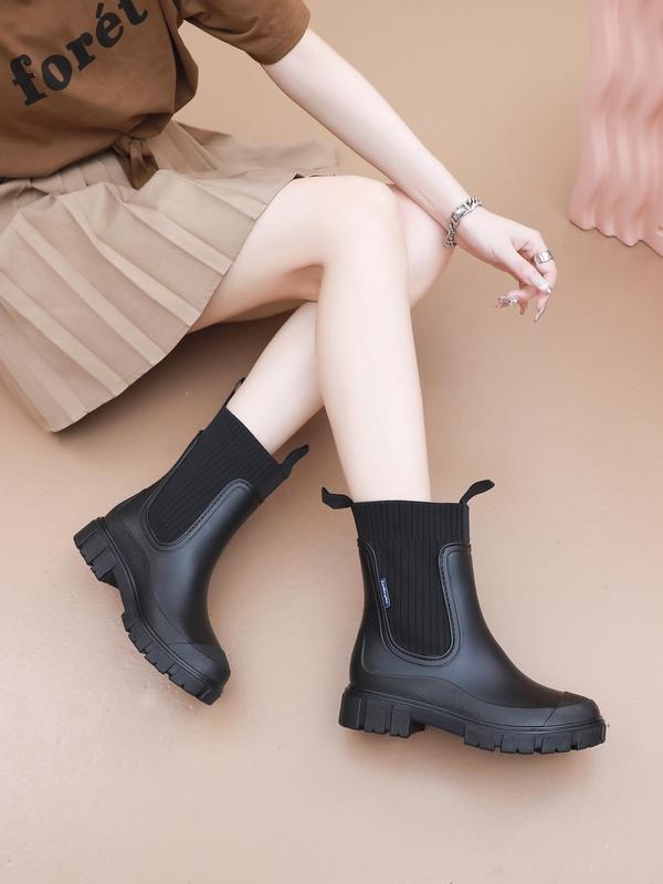 Women's Solid Color Mid-calf Rain Boots, 2024 New Style Fashionable Waterproof Non-slip Combat Shoes for Outdoor, Casual Versatile Slip on Ankle Booties for Women