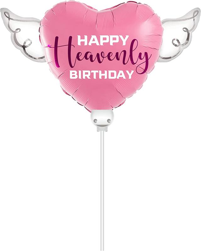 Heavenly Balloons on a stick Happy Heavenly Birthday pink purple balloon heart shaped with angel wings