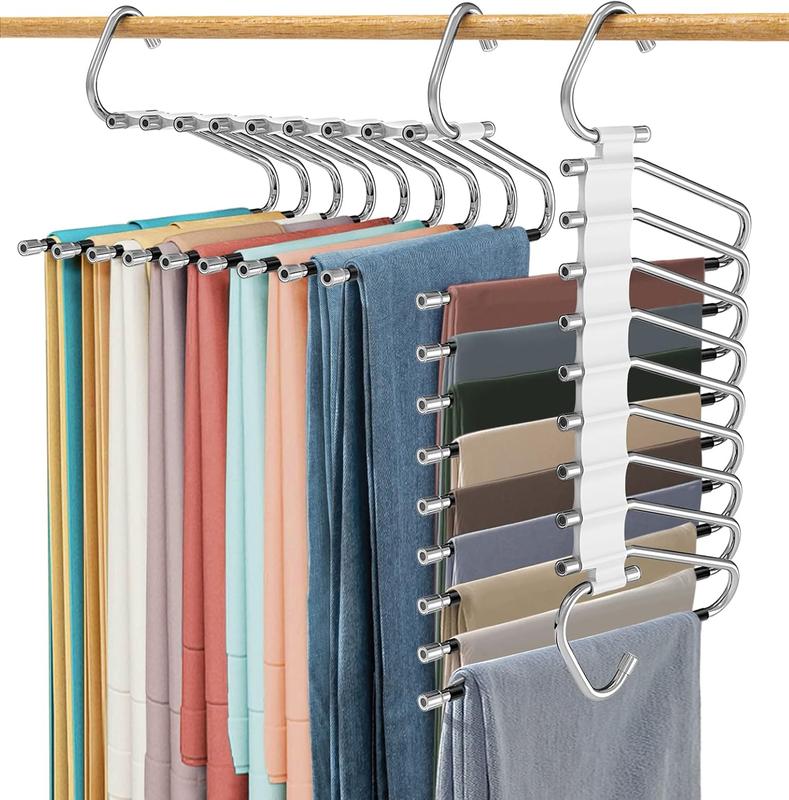 Upgrade 9 Layers Pants Hangers Space Saving, 2 Pack Multifunctional Pants Rack Non Slip Stainless Steel Clothes Space Saver Hangers Closet Organizers Storage for Pants Jeans Leggings, Antiquewhite