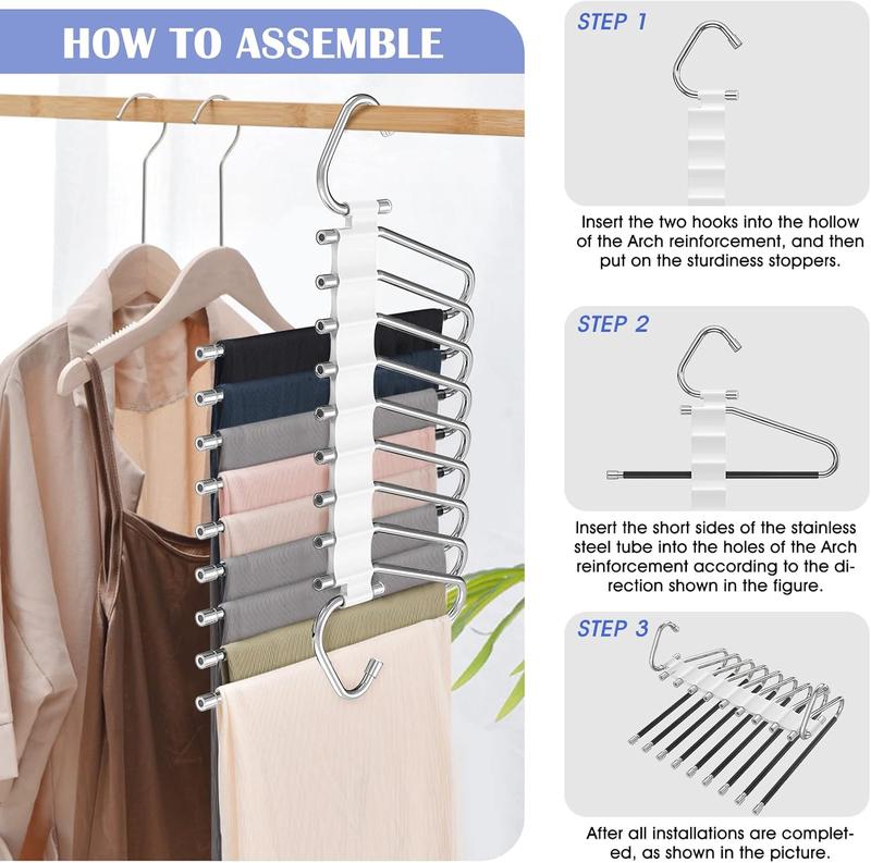 Upgrade 9 Layers Pants Hangers Space Saving, 2 Pack Multifunctional Pants Rack Non Slip Stainless Steel Clothes Space Saver Hangers Closet Organizers Storage for Pants Jeans Leggings, Antiquewhite