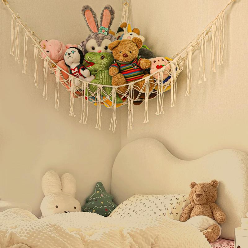 Boho Stuffed Animals Net or Hammock Large,55 inch Toy Hammock Macrame Stuff Animal Storage Corner Hanging Net Holder,Mesh Hammock Plush Toy Organizer with Hooks for Bedroom,Nursery