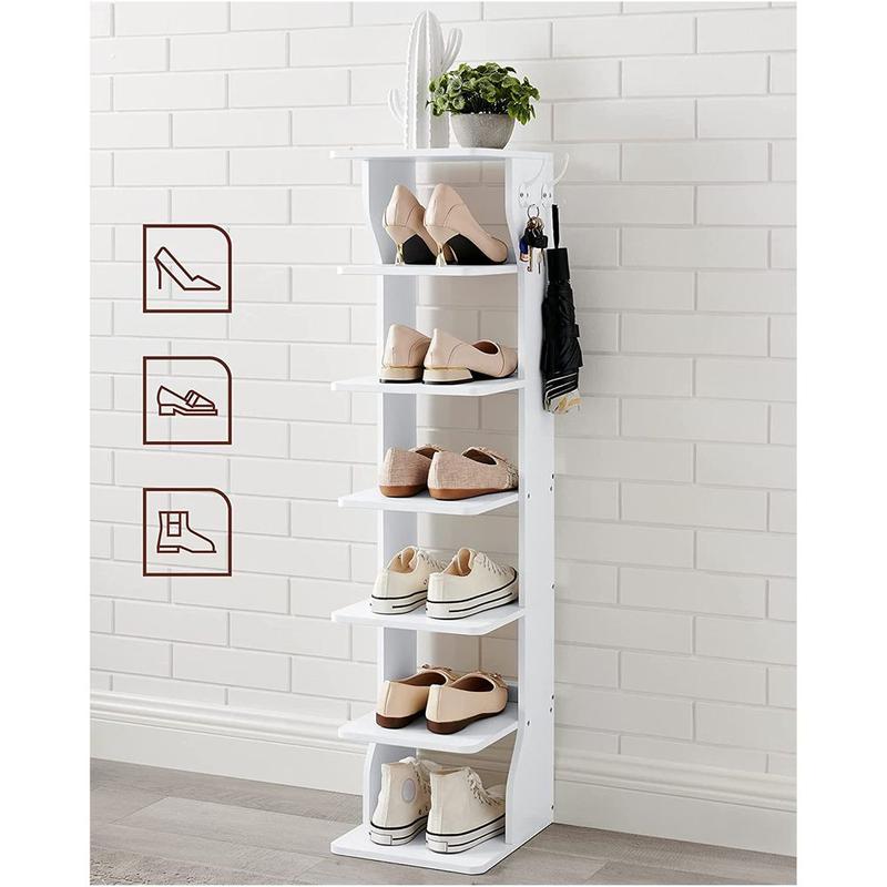 VASAGLE 7 Tier Vertical Shoe Rack, Narrow Shoe Storage Organizer with Hooks, Slim Wooden Corner Shoe Tower Rack, Robust and Durable, Space Saving for Entryway and Bedroom