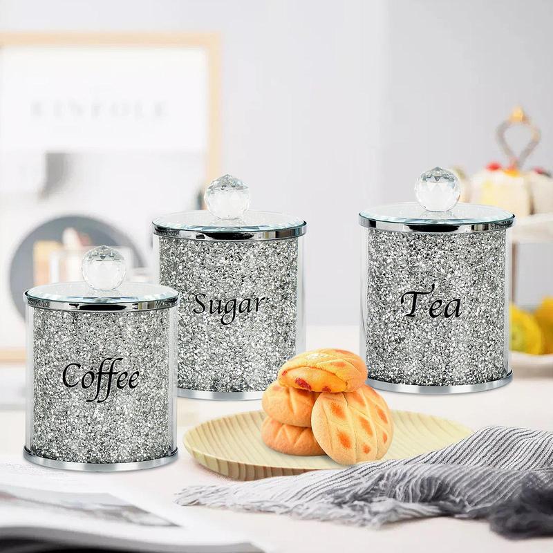 Coffee, Sugar,Tea Crystal Canister Set of 3,Sparkly Crushed Diamonds Home Decor,Silver Kitchen Storage Jars with Label and Lid,2024 Ornaments