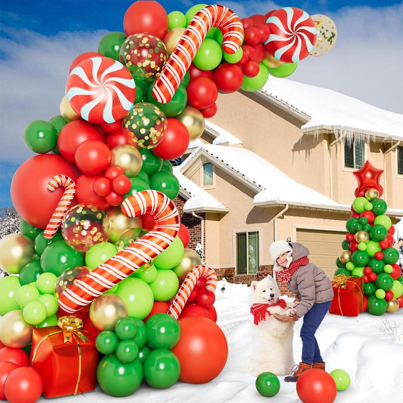 138 Pcs Christmas Balloon Garland Arch Kit, Red, Gold, Green Balloons, Candy Cane, Gift Box Foil for Xmas Party & Birthday Decorations