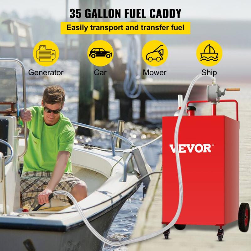 VEVOR Fuel Caddy, 30 35 Gallon, Gas Storage Tank on 4 Wheels, with Manuel Transfer Pump, Gasoline Diesel Fuel Container for Cars, Lawn Mowers, ATVs, Boats Bottles Organiser