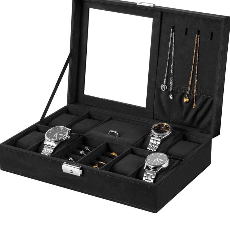 Jewelry Box Watch Box Organizer 8-Slot Storage Watch Organizer Case Jewelry Display Case Organizer with Mirror (Black)